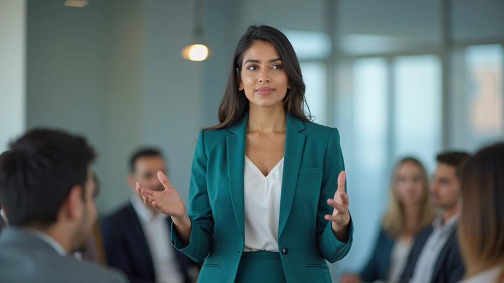 Деловая женщина проводит презентацию перед аудиторией в конференц-зале